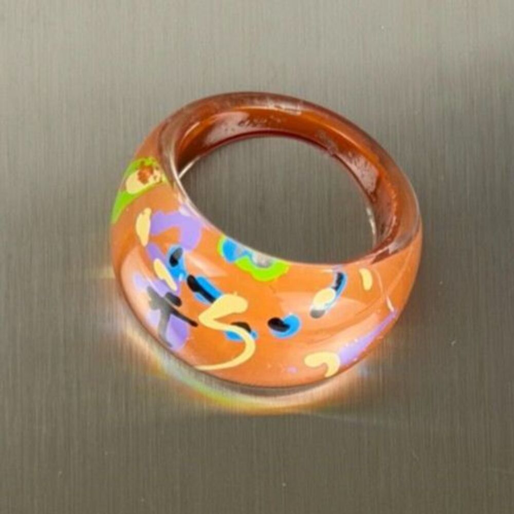VTG Painted Lucite Dome Fashion Ring Sz 6 Mod Translucent Acrylic Pop Art Orange